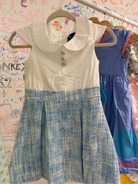 ABS Allen Schwartz White Bodice with Light Blue Tweed Skirt Girls Party Dress